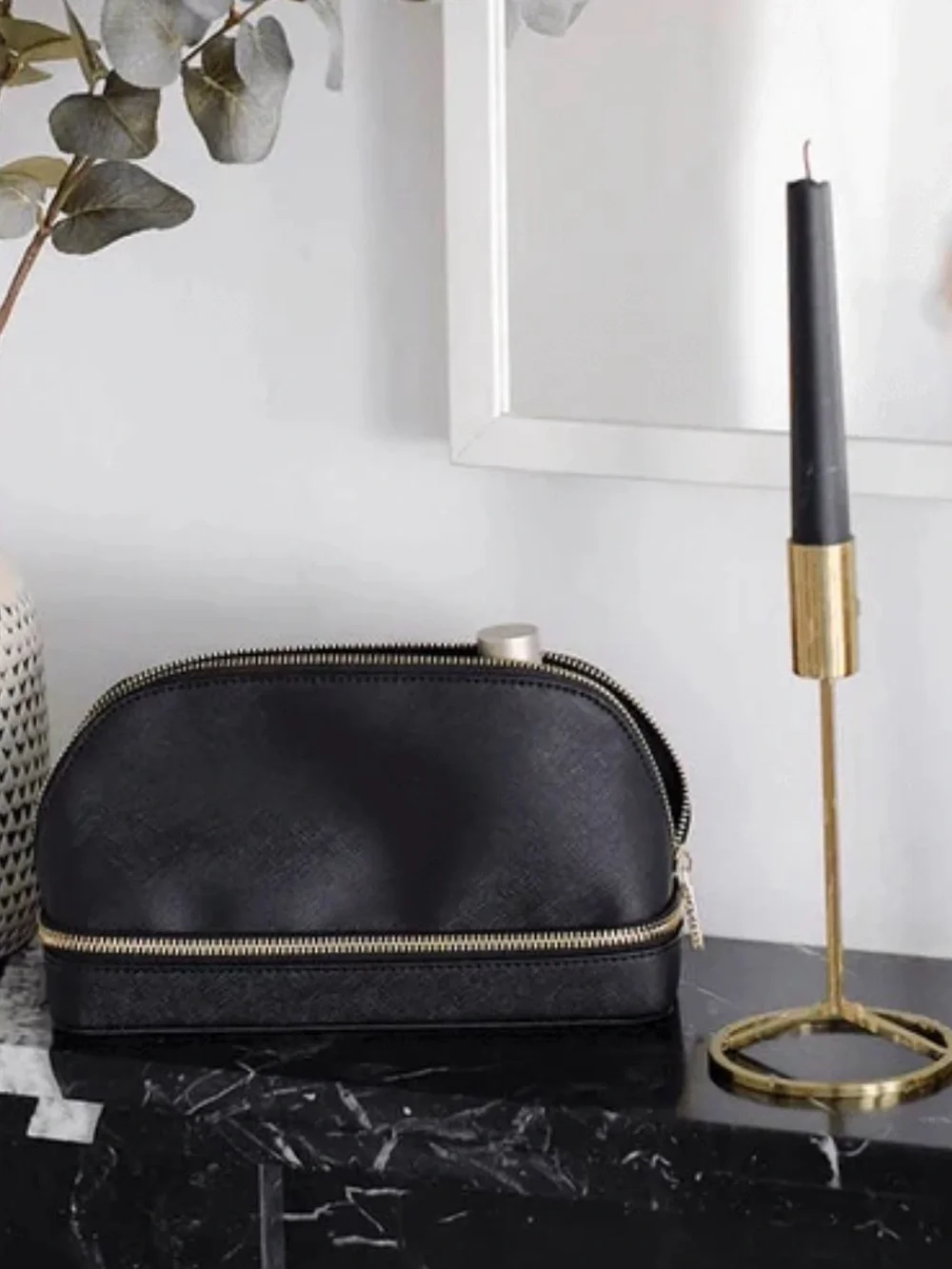 STACKERS Black Double-Zip Makeup Bag with Brush Storage travel case NWT pleather